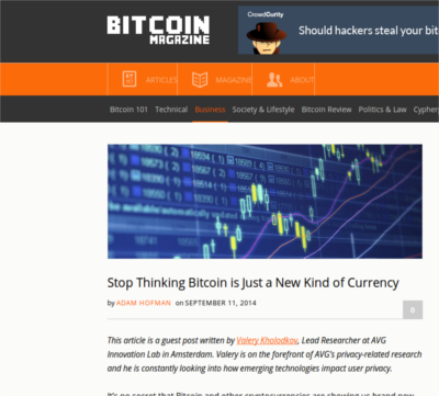 Bitcoin magazine webpage with a blog abou stop thinking about bitcoin
