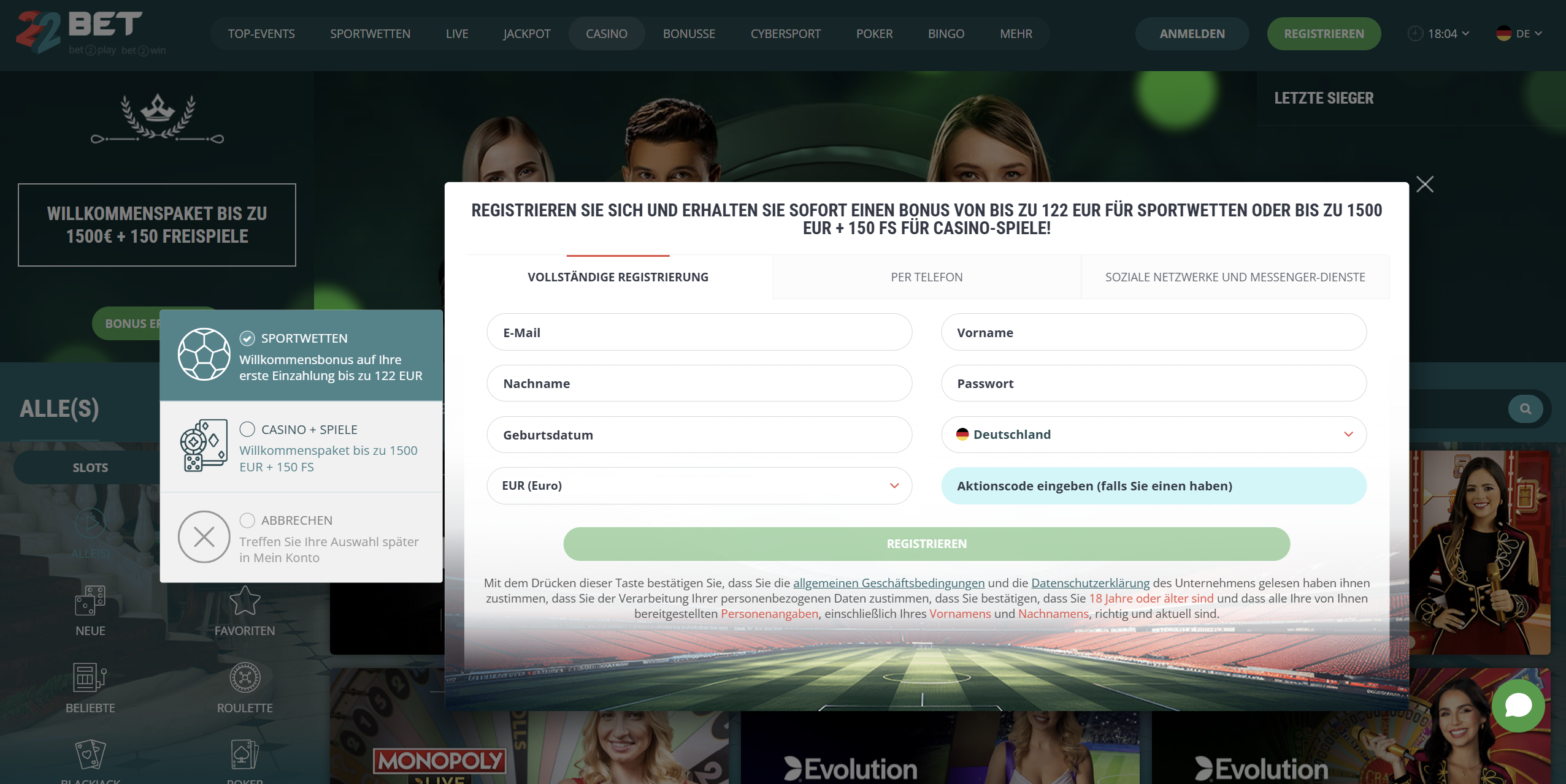 Offizielle 22Bet-Seite: Registrierungsformular, Desktop-Ansicht (Deutschland)