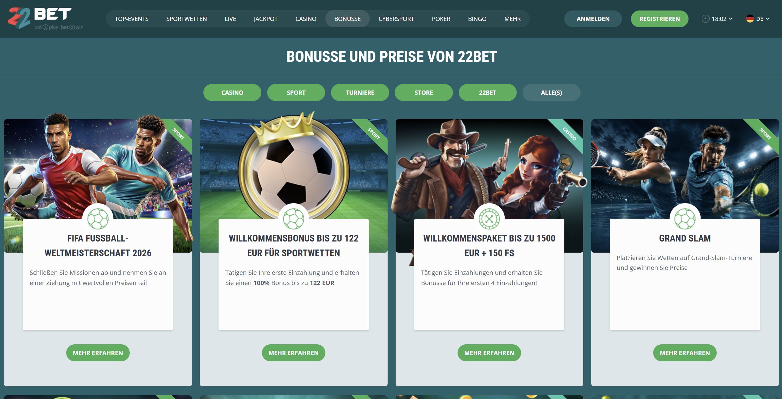 Offizielle 22Bet-Seite: Bonusübersicht für Deutschland, Desktop-Ansicht