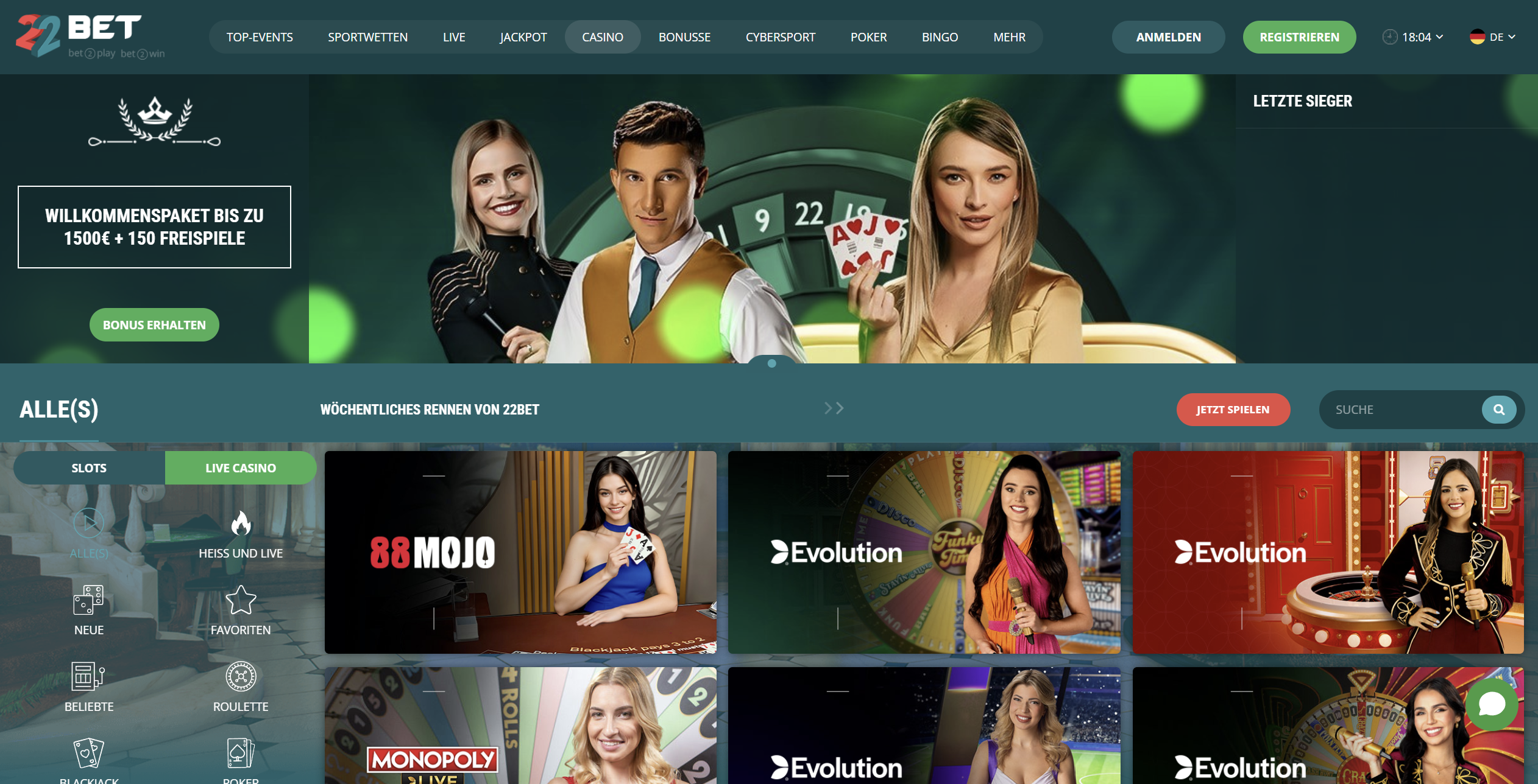 Offizielle 22Bet-Seite: Casino-Übersicht Slots und Live Casino, Desktop-Ansicht